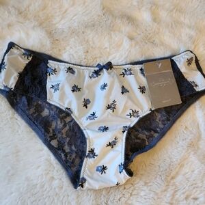 Anthropologie White & Navy Floral Lace Bikini Panty